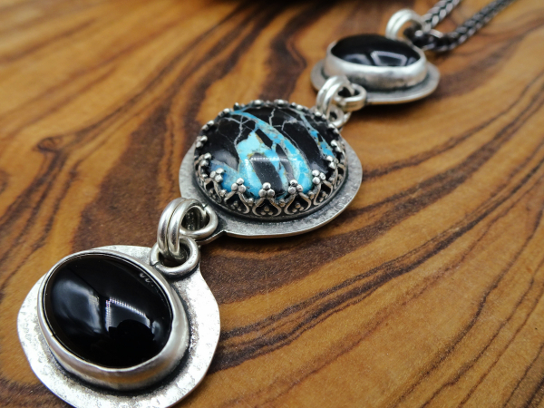 NS-134 Yungai Turquoise and Onyx Three Stone Sterling Silver Pendant