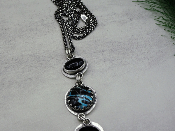 NS-134 Yungai Turquoise and Onyx Three Stone Sterling Silver Pendant