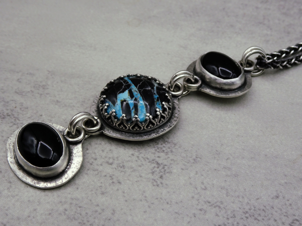 NS-134 Yungai Turquoise and Onyx Three Stone Sterling Silver Pendant