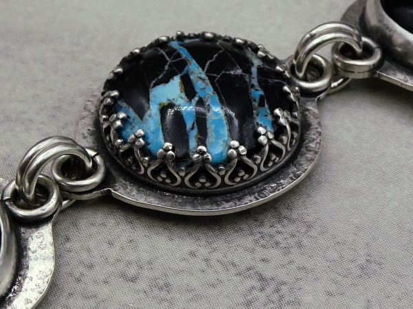 NS-134 Yungai Turquoise and Onyx Three Stone Sterling Silver Pendant