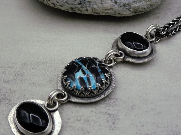 NS-134 Yungai Turquoise and Onyx Three Stone Sterling Silver Pendant