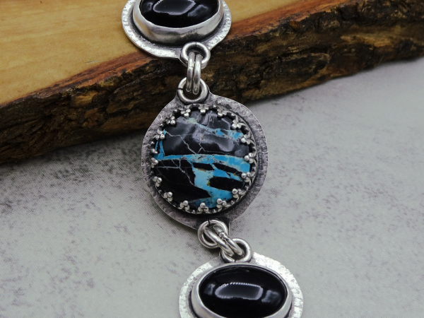 NS-134 Yungai Turquoise and Onyx Three Stone Sterling Silver Pendant