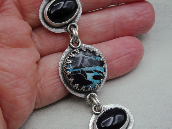 NS-134 Yungai Turquoise and Onyx Three Stone Sterling Silver Pendant