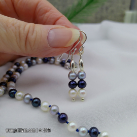 NS-144 Hand Knotted Blue Gray and White Freshwater Pearl Necklace and Earrings