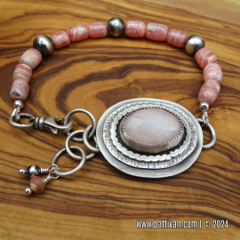 BS-55 Rhodochrosite and Rose Quartz Sterling Silver Adjustable Bracelet