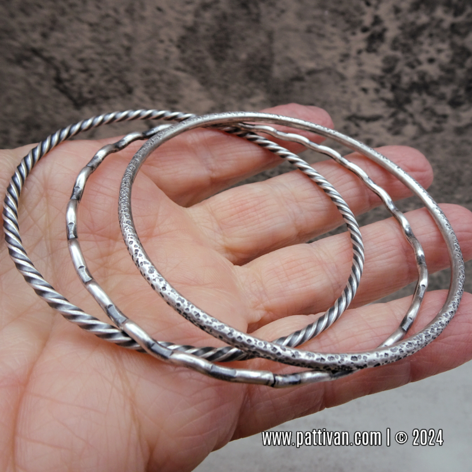 BS 50 Set of 3 Textured Sterling Silver Bangles Medium Size Bangles Handcrafted Jewelry by Patti Vanderbloemen