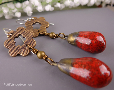 Ruby Shimmer - Porcelain and Bronze Earrings