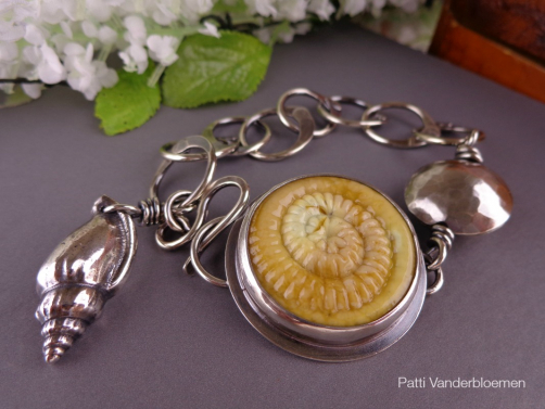 Artisan Ammonite Cabochon and Handmade Sterling Chain Bracelet