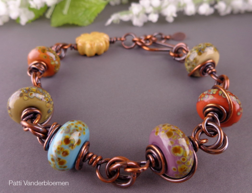 Rustic Artisan Lampwork Beads and Solid Copper Adjustable Bracelet