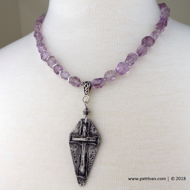 Amethyst Nuggets with Artisan Pewter Cross Necklace and Earrings