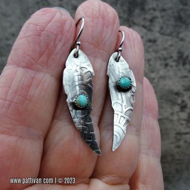 Arkansas Turquoise and Hand Crafted Sterling Feather Earrings