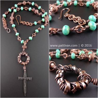 Artisan Cross with Turquoise Czech Glass Copper Necklace