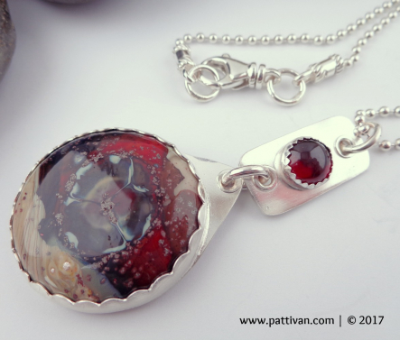 Artisan Glass Cabochon and Garnet Sterling Silver Necklace