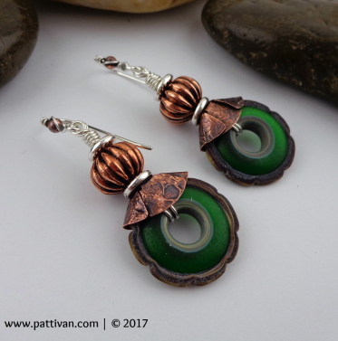 Emerald Green Artisan Glass Mixed Metal Earrings