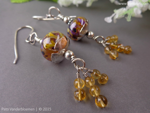 Artisan Lampwork, Citrine Gems, and Sterling Earrings