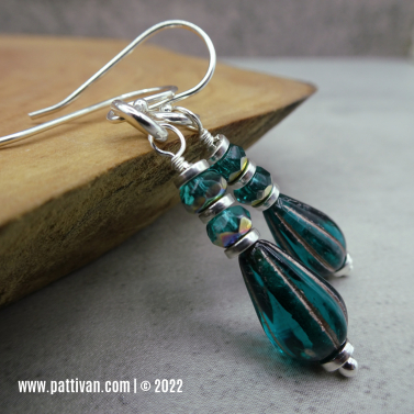 Bluegreen Czech Glass and Sterling Silver Earrings