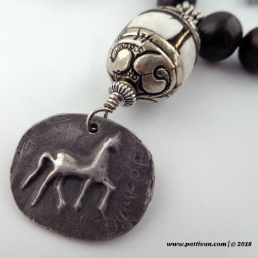 Artisan Pewter Pendant, Tibetan and Wood Beads with Sterling Elements