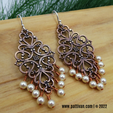 Copper Filigree and Pearl Fringe Earrings