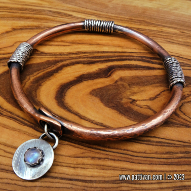 Solid Copper Bangle with Sterling Silver and Moonstone Accents