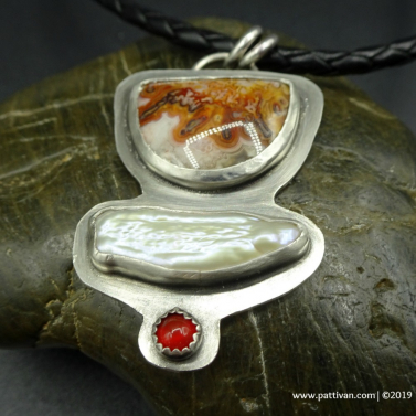 Crazy Lace Agate Freshwater Pearl and Carnelian Necklace