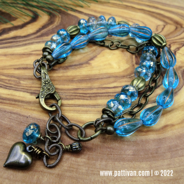 Crystal Blue Czech Glass and Brass Multi Strand Bracelet