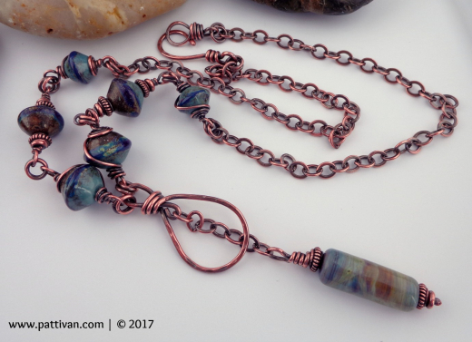 Denim Themed Artisan Glass Lampwork and Copper Necklace