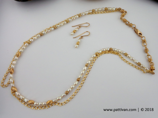 Double Strand Freshwater Pearls and Gold Necklace and Earrings