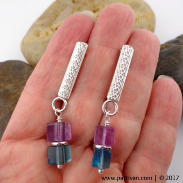 Fluorite Gemstones and Snakeskin Textured Sterling Earrings