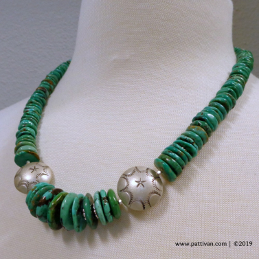 Graduated Turquoise Necklace with Handmade Hollow Sterling Beads Graduated Turquoise Necklace with Handmade Hollow Sterling Beads