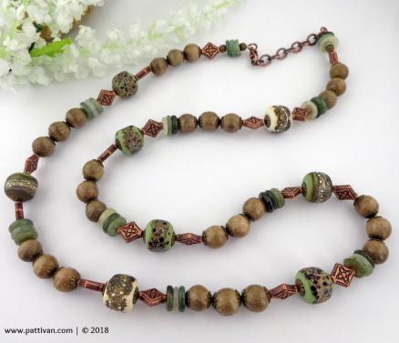 Artisan Glass Jade and Wood Bead Necklace and Earrings