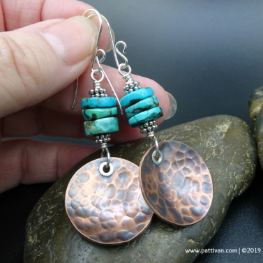 Hammered Copper with Turquoise and Sterling Silver Earrings