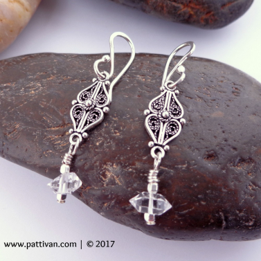 Sterling Silver Filigree and Herkimer Diamond Drop Earrings