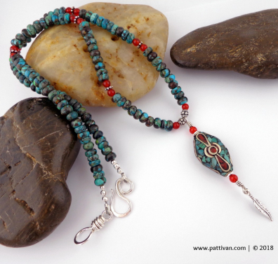 Hubei Turquoise with Carnelian and Tibetan Bead Focal Necklace
