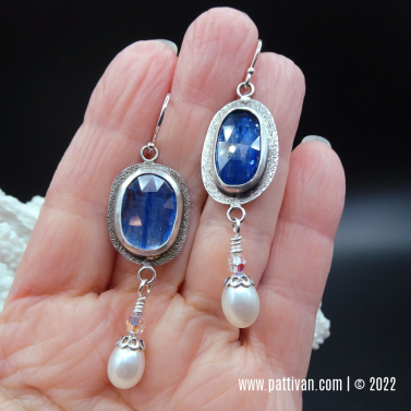 Kyanite, FW Pearl, and Sterling Silver Earrings