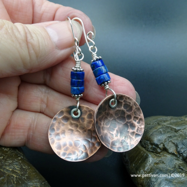 Hammered Copper and Lapis Lazuli Mixed Metal Earrings