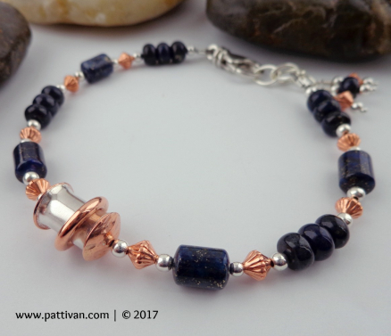 Lapis Bracelet with Handcrafted Mixed Metal Spinner Bead
