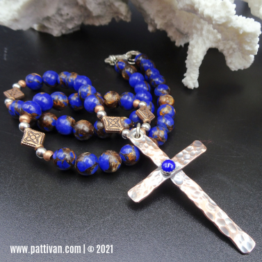 Lapis Lazuli Necklace with Mixed Metal Cross Pendant