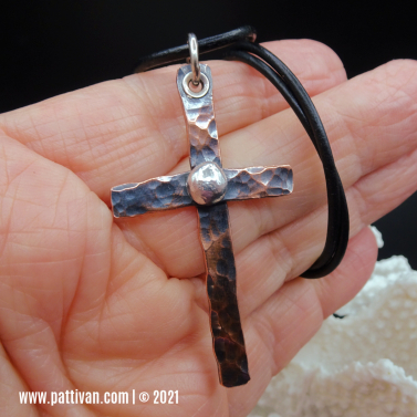 Mixed Metal Cross Pendant with Leather Cord Chain