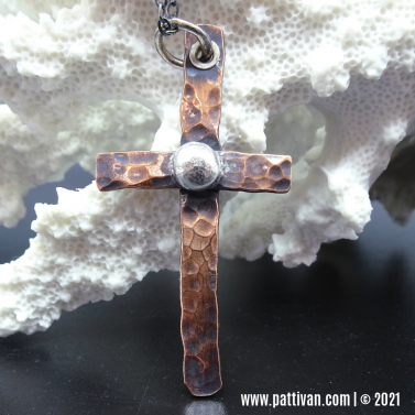 Mixed Metal Cross Pendant with Oxidized Sterling Silver Chain