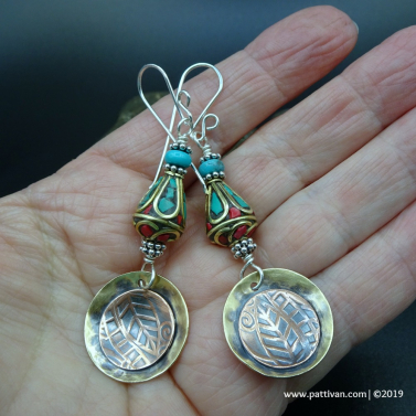 Mixed Metal Earrings with Turquoise and Tibetan Beads