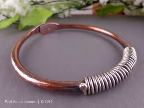 Mixed Metal Solid Copper Bangle with Sterling Silver Accents