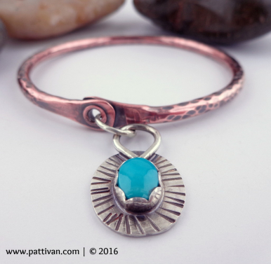 Thick Copper Bangle with Turquoise & Silver Charm