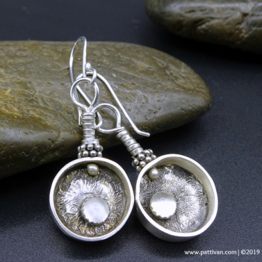 Moon Stone and Reticulated Sterling Silver Earrings