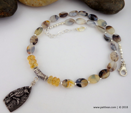 Montana Moss Agate and Citrine Necklace with Artisan Pewter Charm