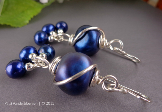 Artisan Lampwork Navy Blue FW Pearls and Sterling Silver Earrings