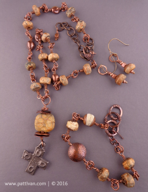 Artisan Ceramic and copper wire wrapped necklace and earrings