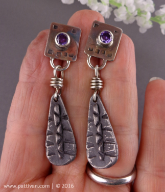 Amethyst Post Earrings with Artisan Pewter Charms