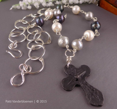 Artisan Pewter Cross, Freshwater Pearls, and Handmade Sterling Chain