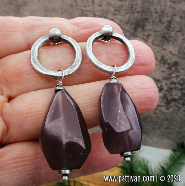 Purple Chalcedony and Hand Wrought Sterling Earrings