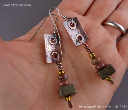 Pyrite, Jasper, and Textured Copper Tab Earrings